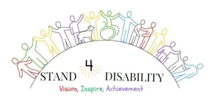 Stand4Disability Logo - Colorful illustration showing diverse figures in a circle around text reading Stand 4 Disability with tagline Vision, Inspire, Achievement